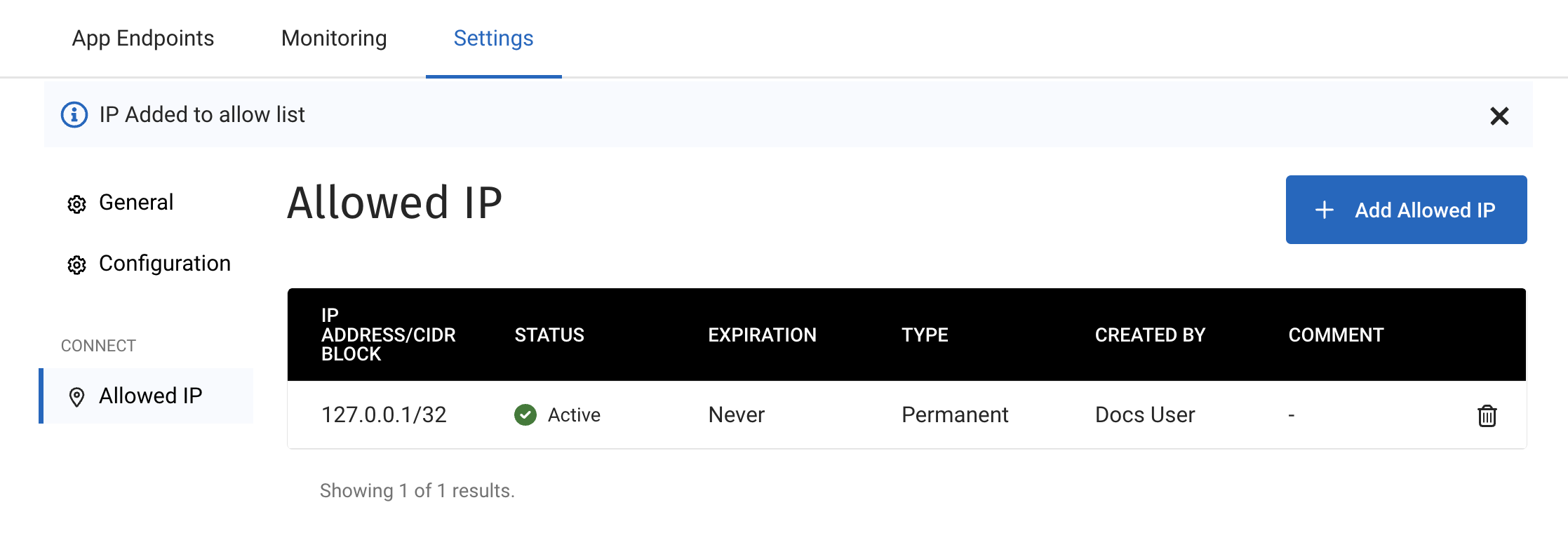 Allowed IP list with single entry