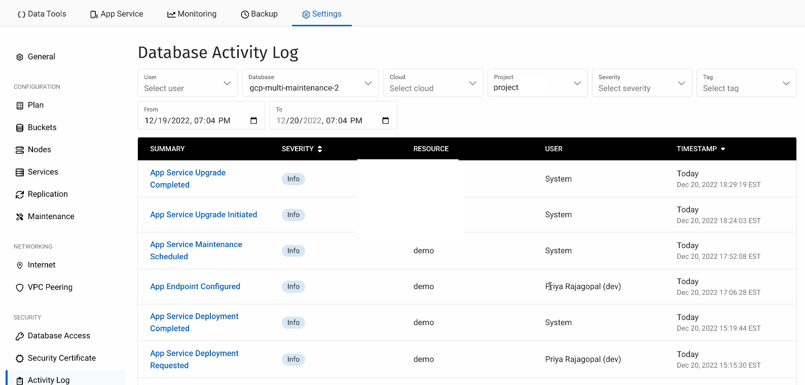 database activity log