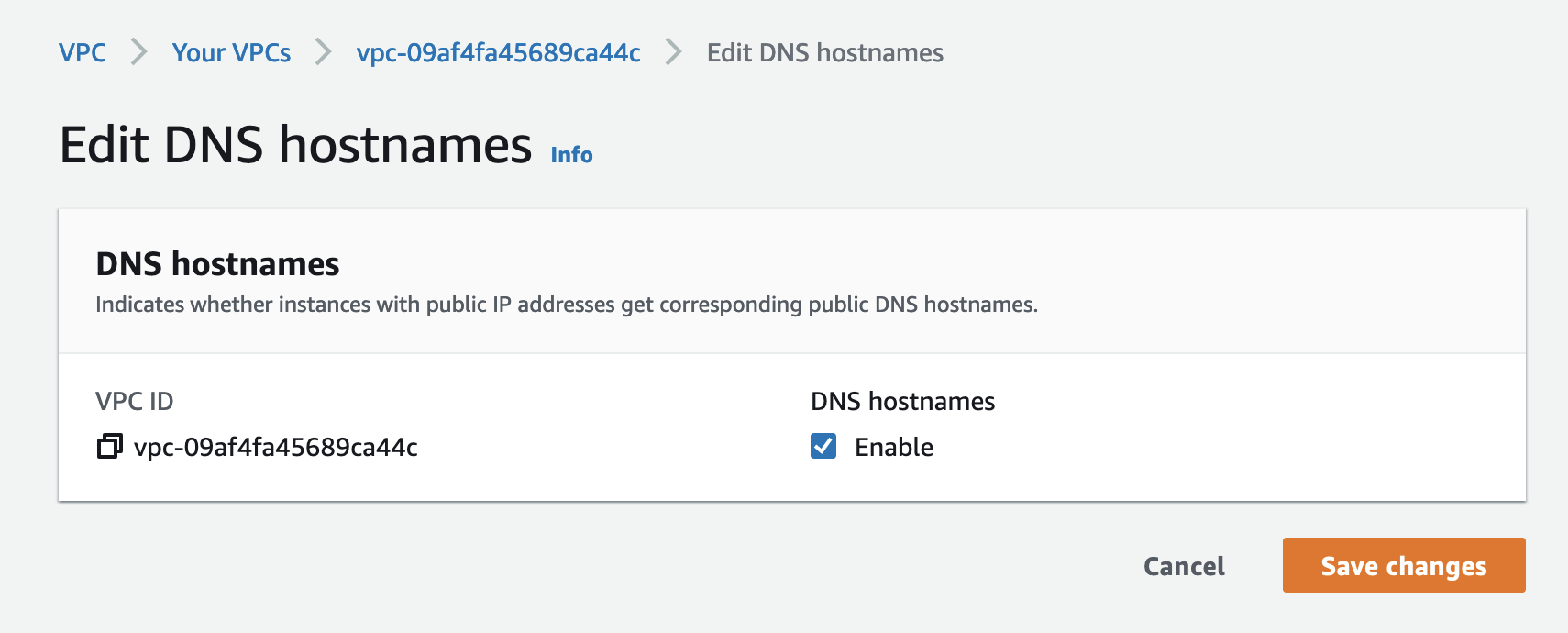 Enable DNS hostnames for the VPC.