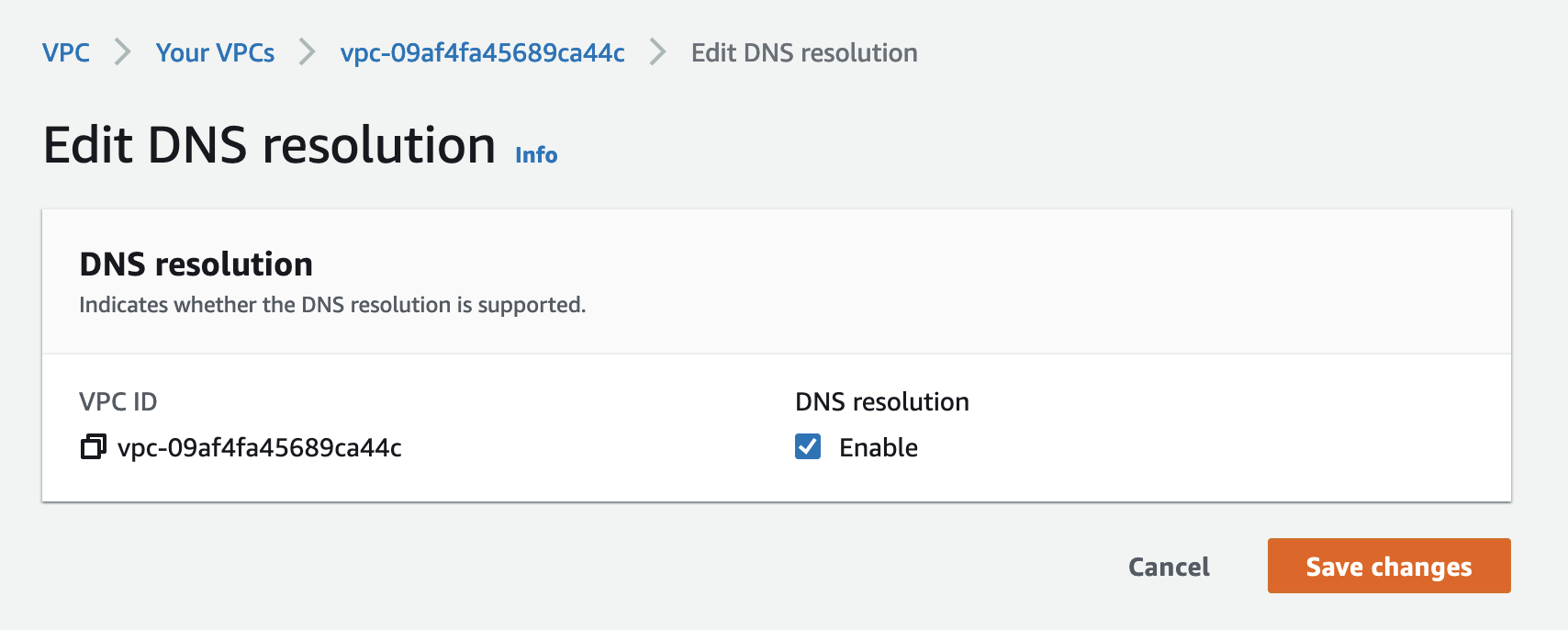 Enable DNS resolution for the VPC.