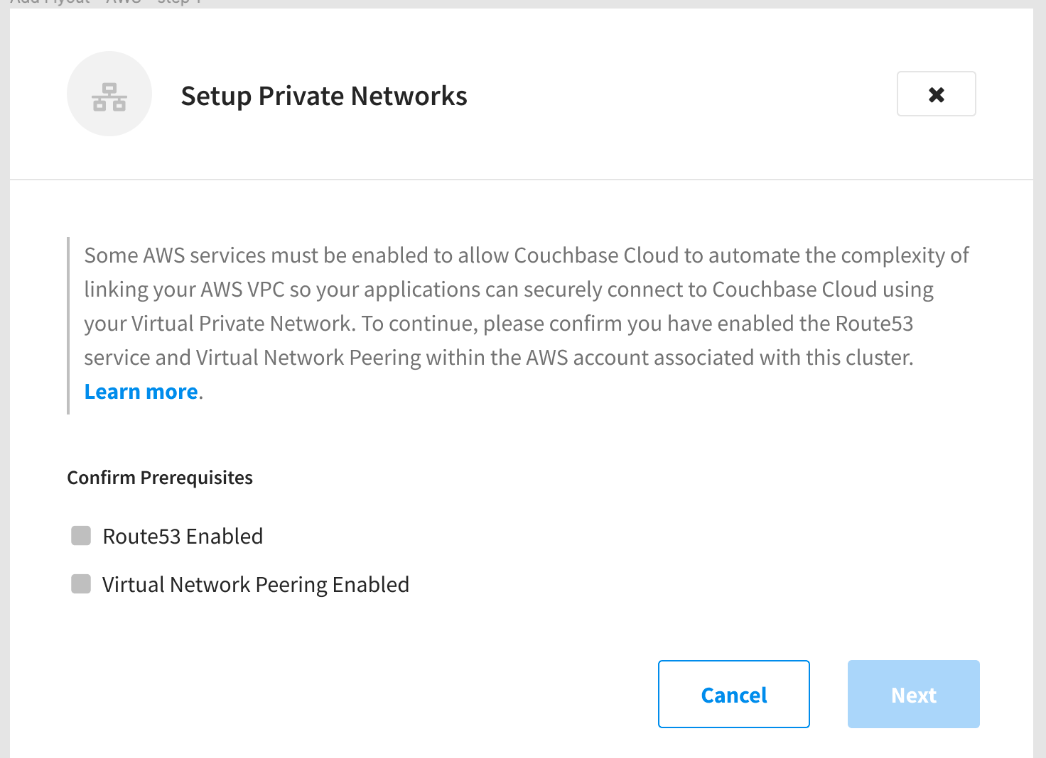 Select the checkboxed to confirm that you have enabled Route53 and Virtual Network Peering in your AWS acount, and then click Submit.