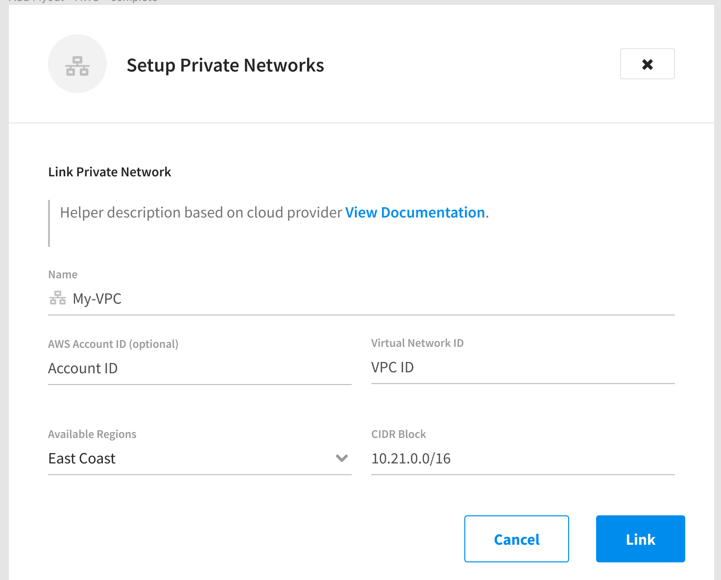 Provide details to create a private network.