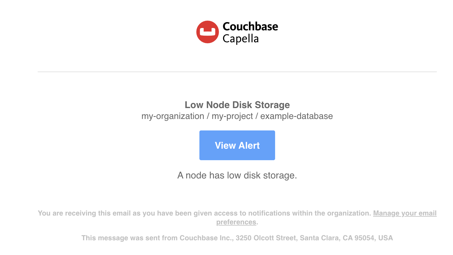 An example of an email alert notification for a Low Node Disk Storage event.