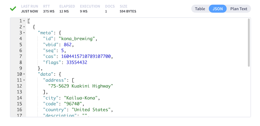 The Query Results area with the JSON tab selected.