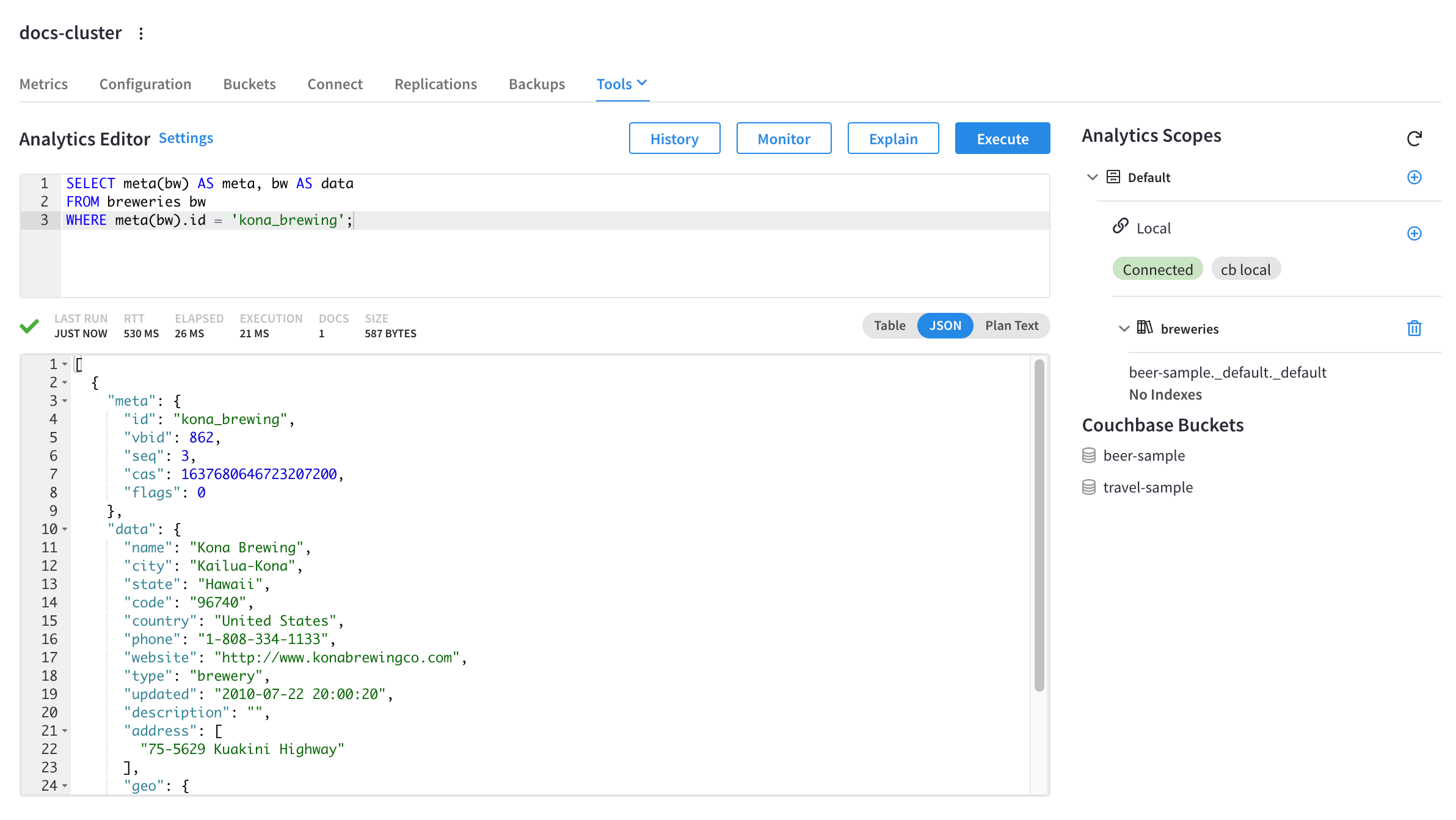 The cluster’s Analytics Workbench screen showing an executed query and its results.