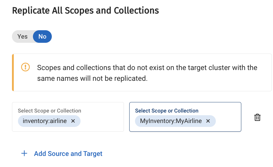 Source and target scopes and collections, for replication.