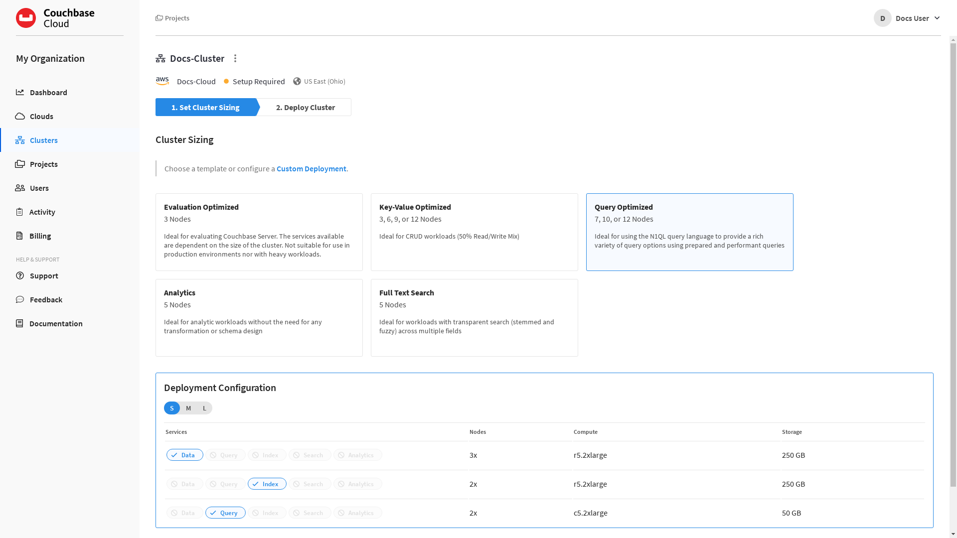The template sizing screen with the 'Query Optimized' template selected.