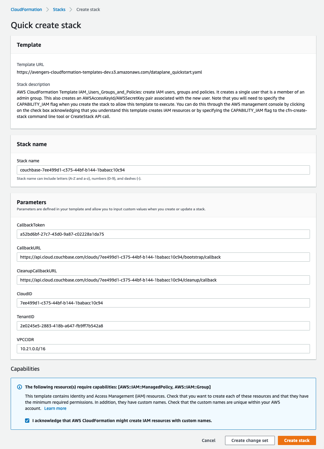 AWS 'Quick create stack' template showing several pre-filled fields, a required IAM acknowledgment checkbox, and buttons at the bottom to 'Create change set' or 'Create stack'.