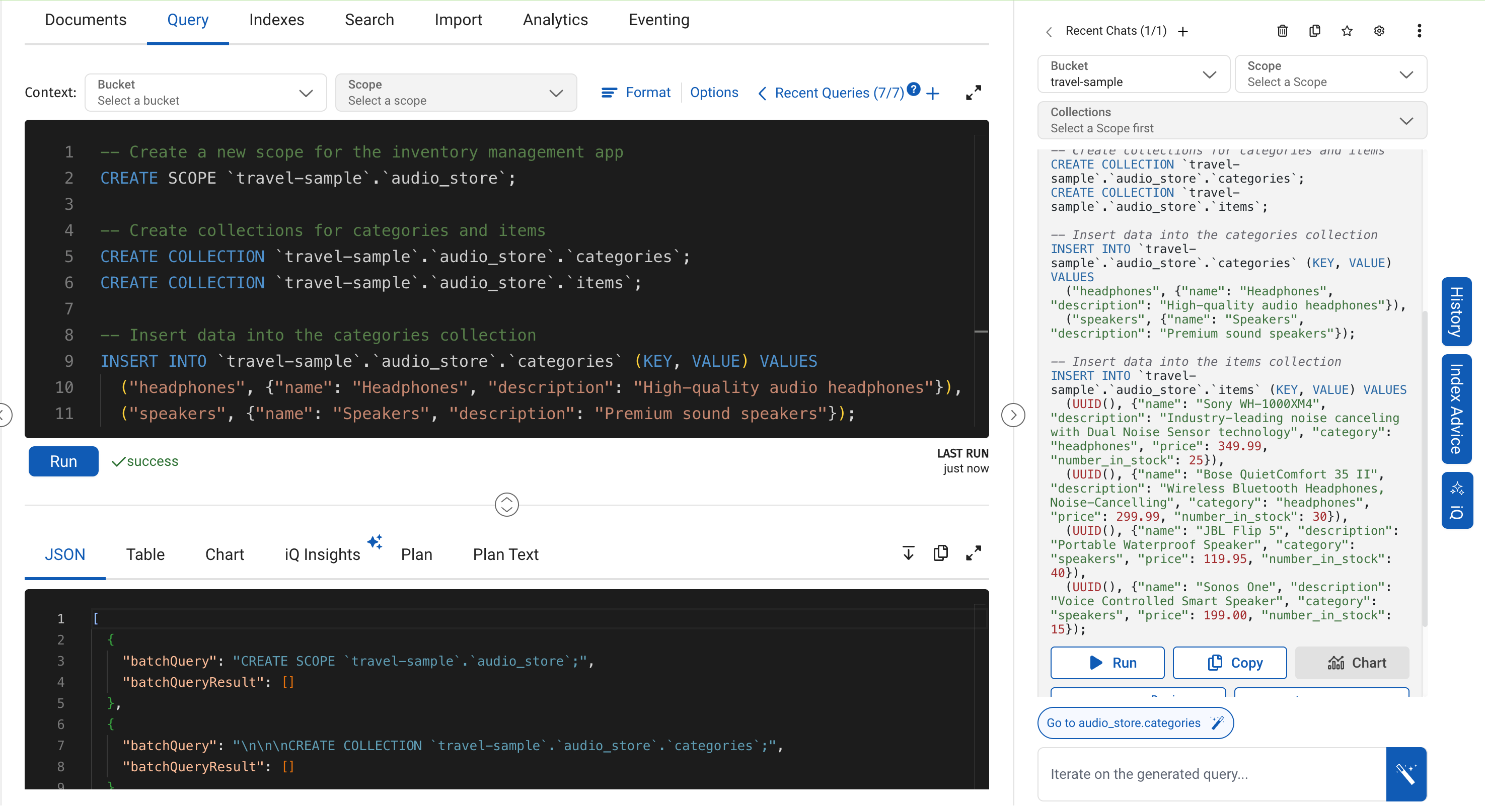 The results of a query generated in Capella iQ that create a new scope and collection