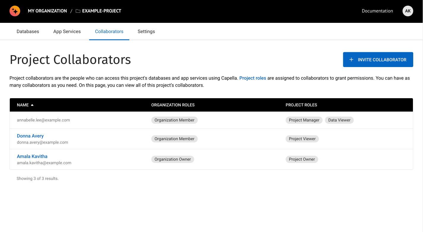 The project 'Collaborators' tab showing a table of users who are part of the current project.