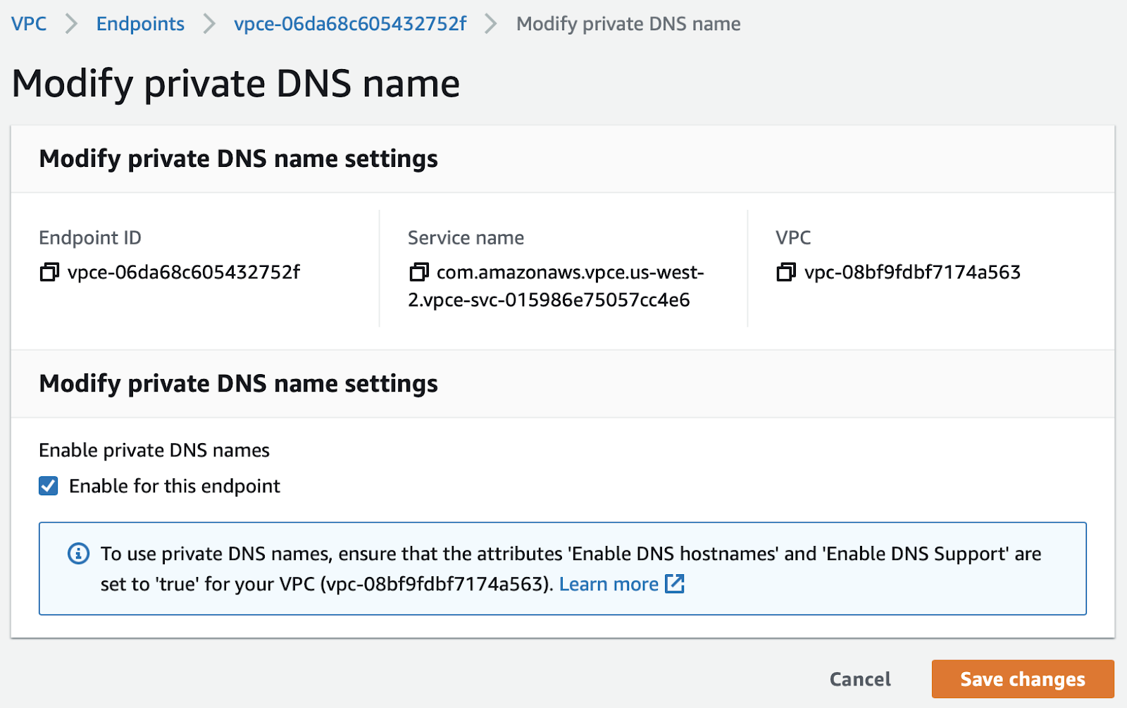 AWS VPC Modify private DNS name screen