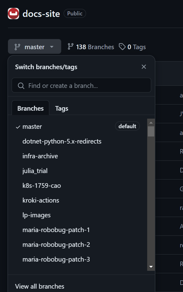 The GitHub branches list on the docs-site repository. It shows a list of the branches in the repository, with a text box where you can find or create a new branch and the option to view all branches.