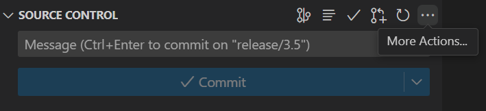 The Source Control panel in VS Code. The user has pointed to the top of the panel and brought up the additional context menu, and the More Actions button is highlighted.
