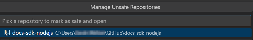 The Command Palette in VS code, which lets the user select the repository they want to mark as safe.