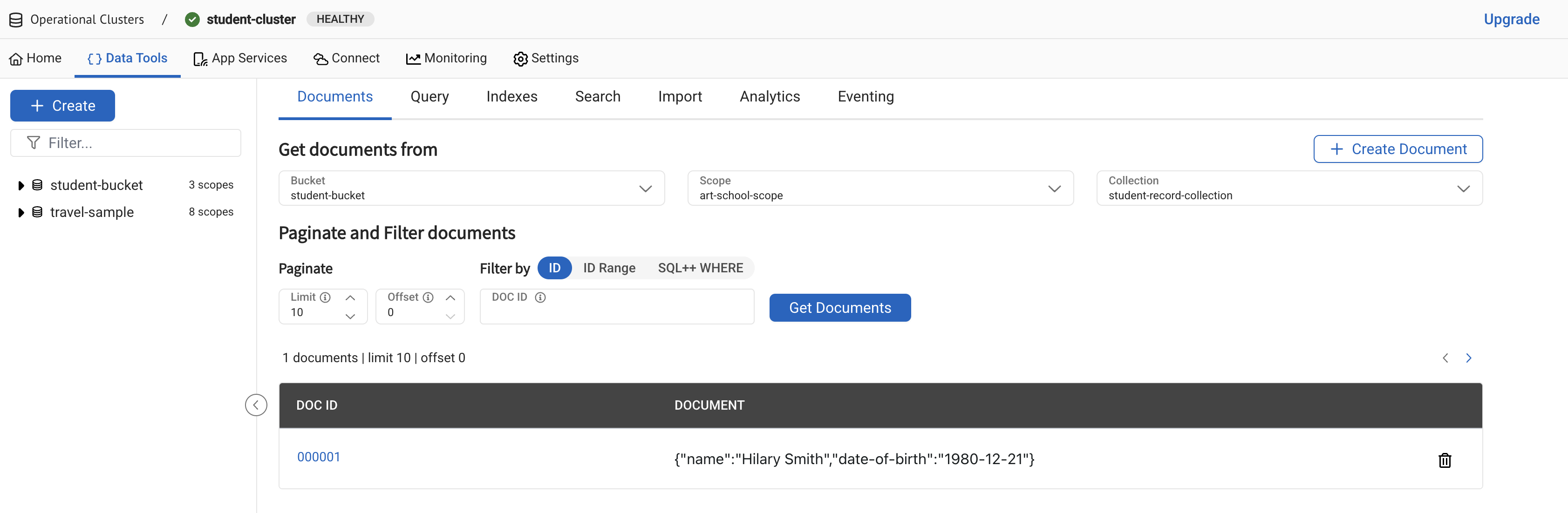 Student added to the student-record-collection in the cluster
