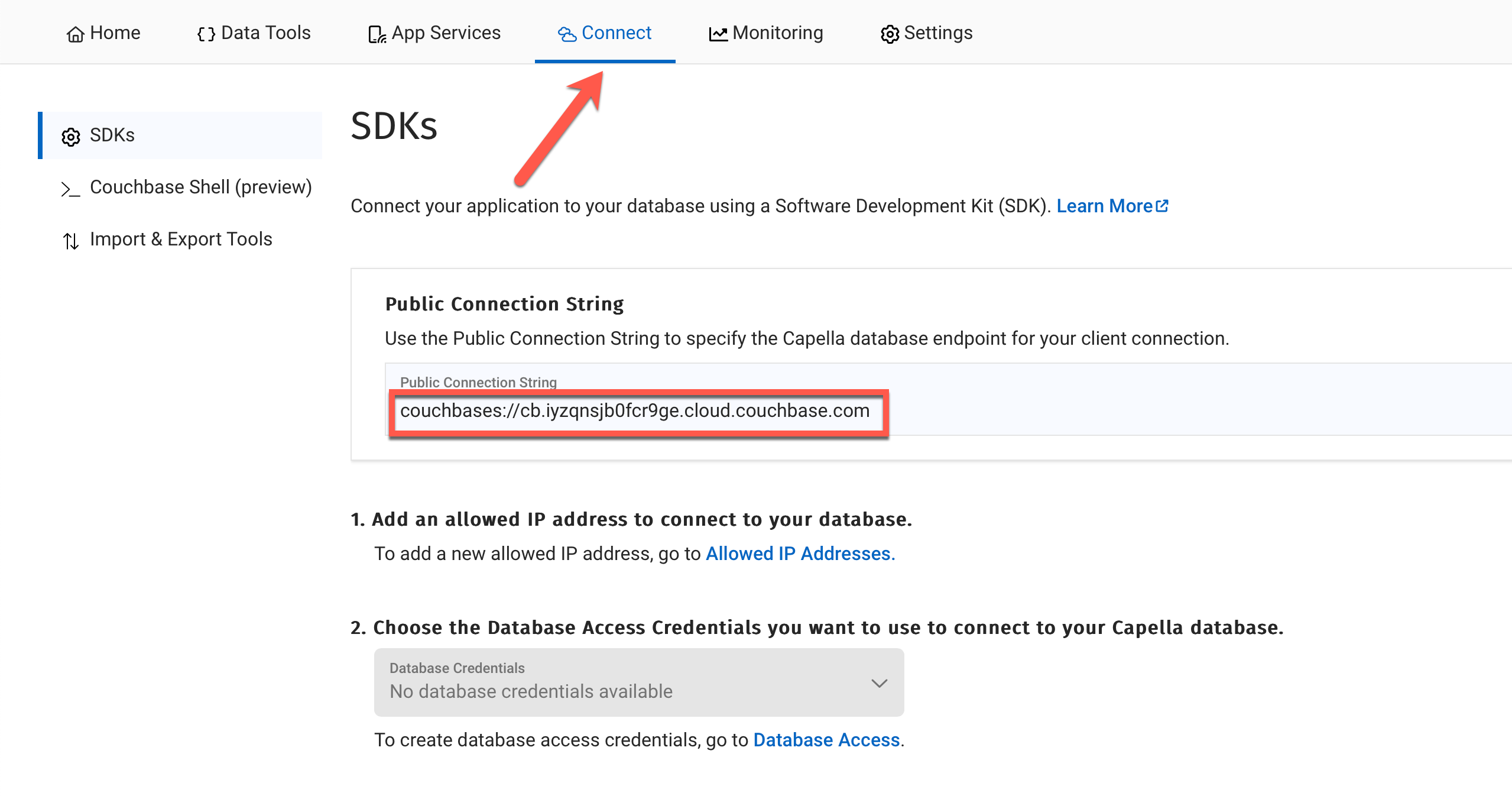 copying connection string