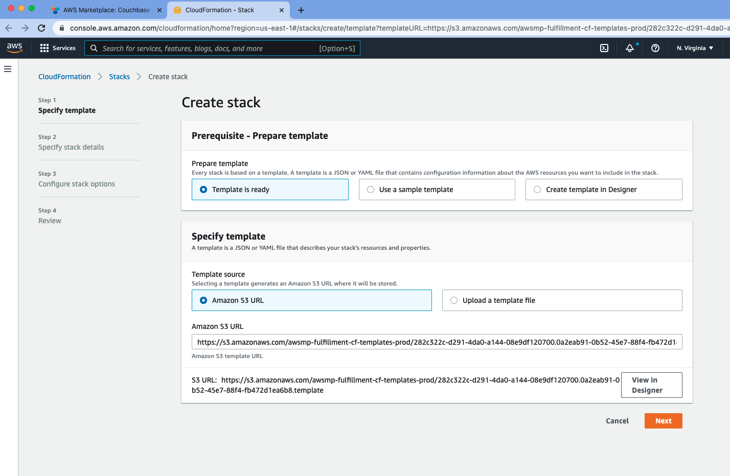 aws marketplace couchbase ee create stack select template