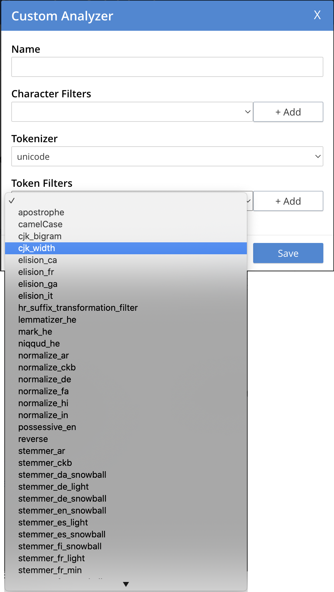 fts analyzers panel select token filter