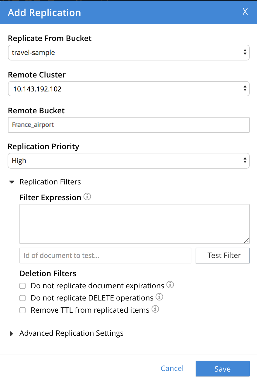 filter xdcr add replication dialog expanded