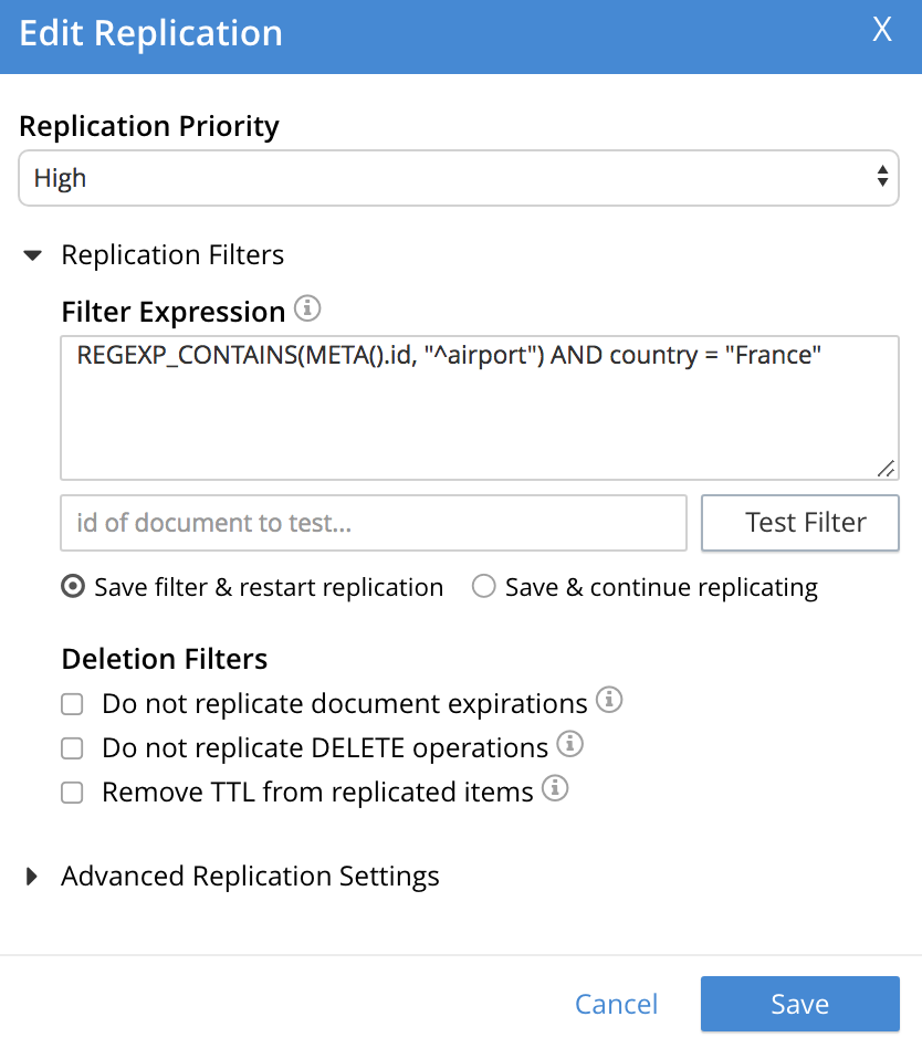 filter xdcr edit replication dialog