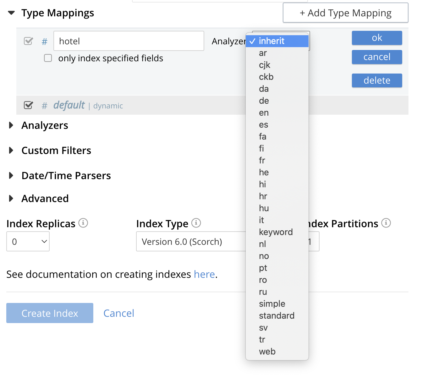 fts type mappings ui analyzers menu