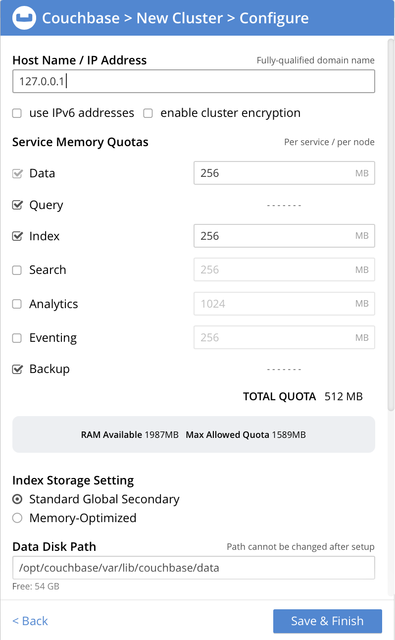 The Couchbase > New Cluster > Configure dialog