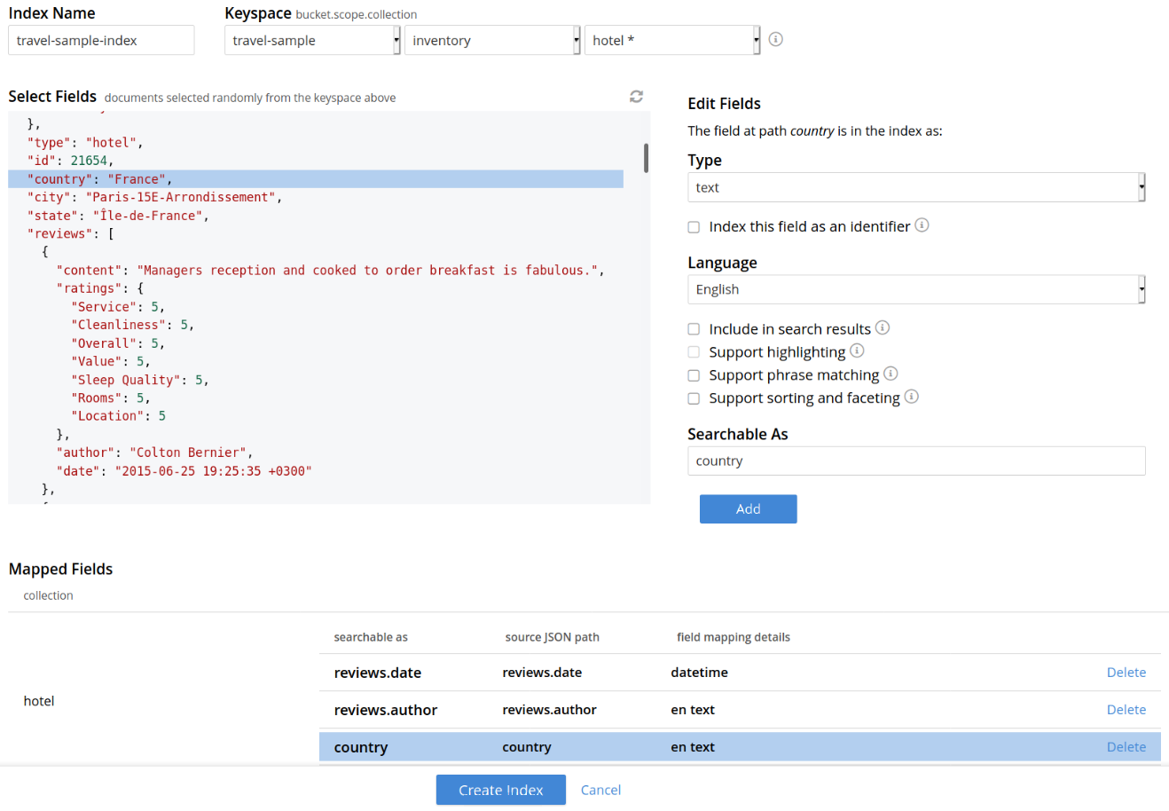 fts quick index json mapping