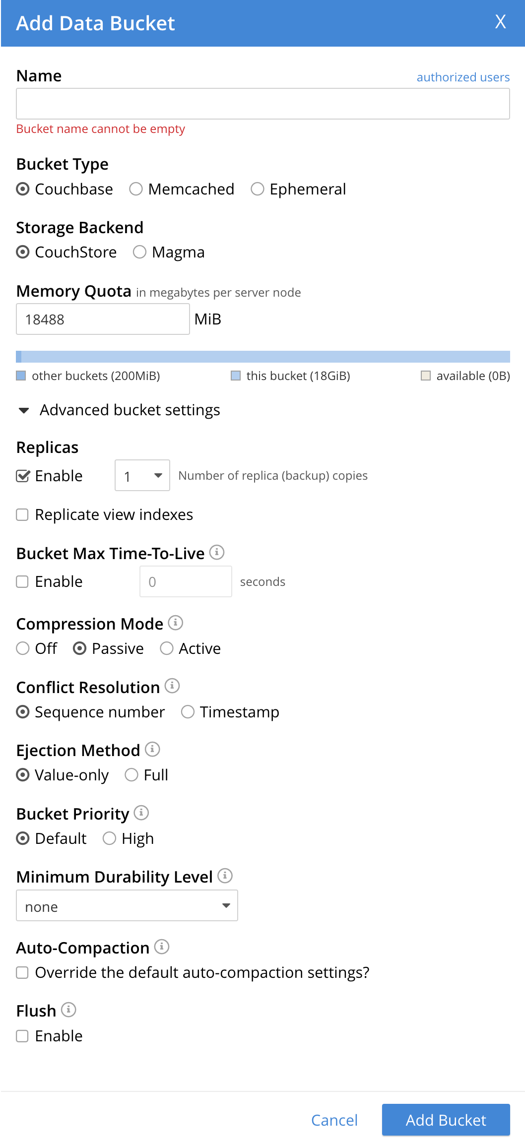 An image that displays the Add Data Bucket dialog, with a Couchbase Bucket Type and CouchStore Storage Backend selected. The Advanced bucket settings are expanded and to show the default selections for a Couchbase and Couchstore bucket.
