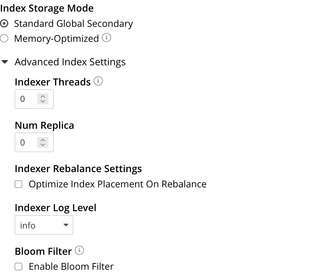The Index Storage Mode panel