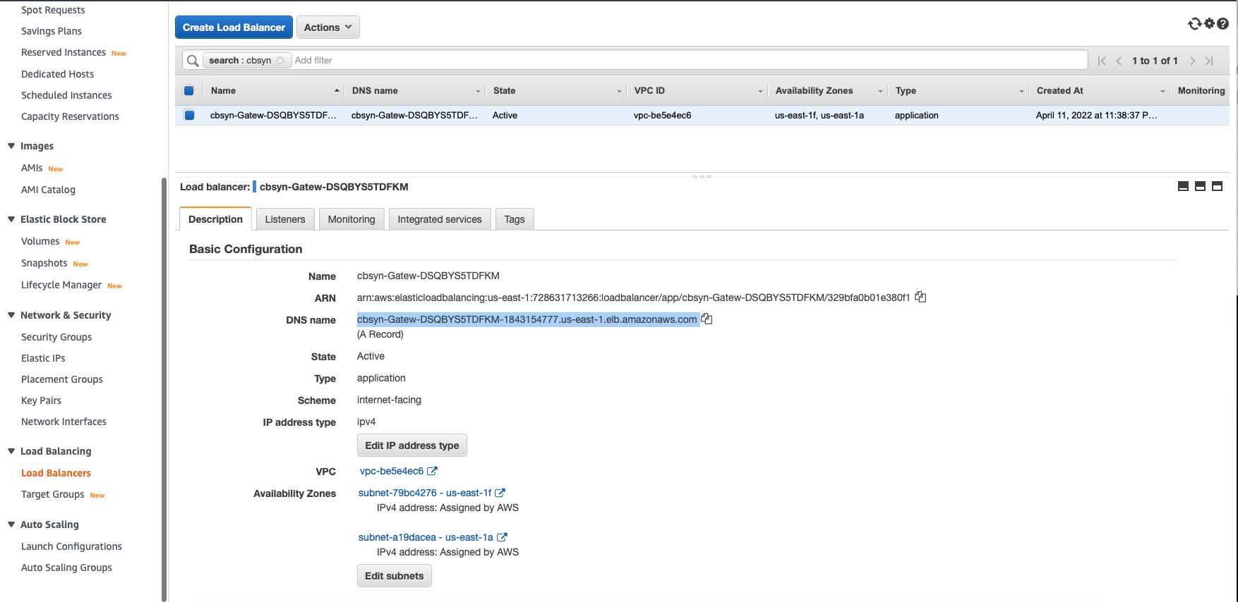 aws console Sync Gateway load balancers dns