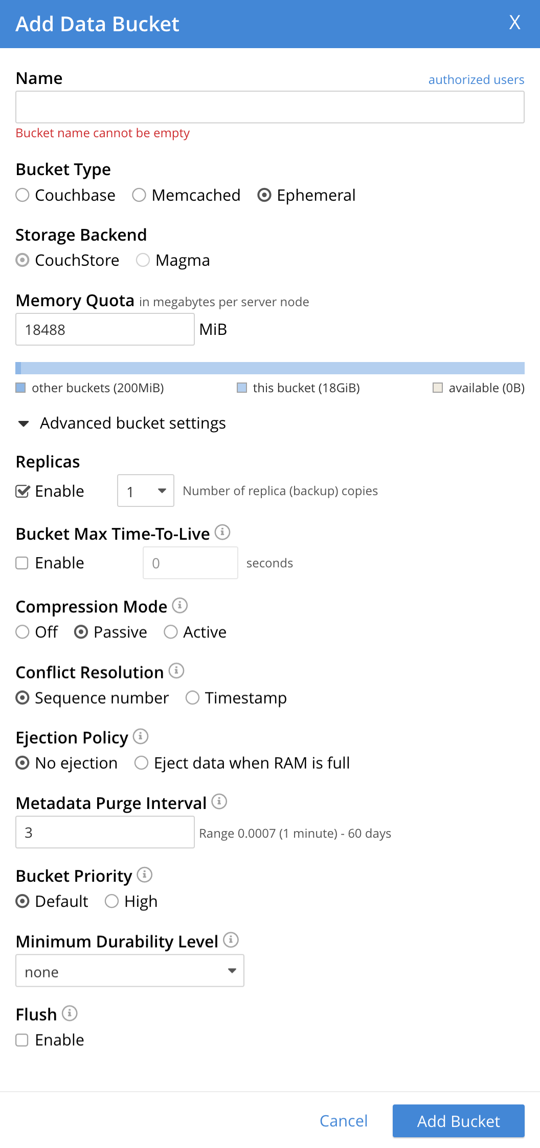 An image that displays the Add Data Bucket dialog, with the Bucket Type set to Ephemeral and the Storage Backend set to CouchStore. The Advanced bucket settings are expanded to show the default selections for a Ephemeral and Couchstore bucket.