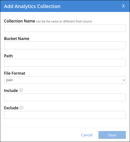 The Add Analytics Collection dialog with options for an external link