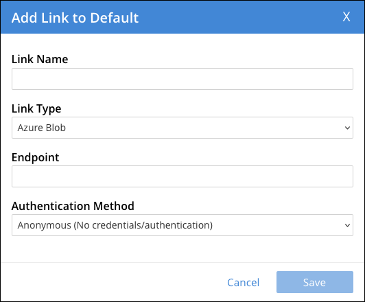 The Add Link dialog with Azure Blob link options displayed