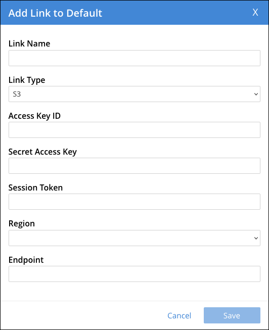 The Add Link dialog with S3 external link options displayed