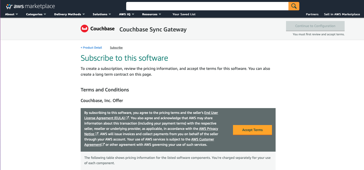 aws marketplace Sync Gateway Accept Terms