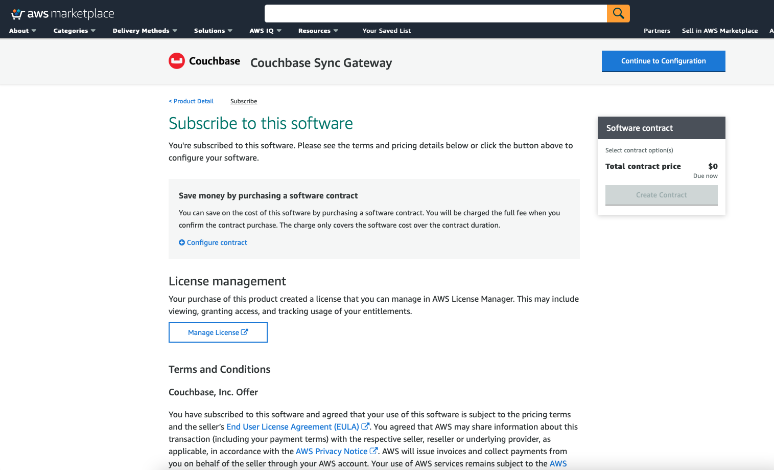 aws marketplace Sync Gateway Continue to Configuration