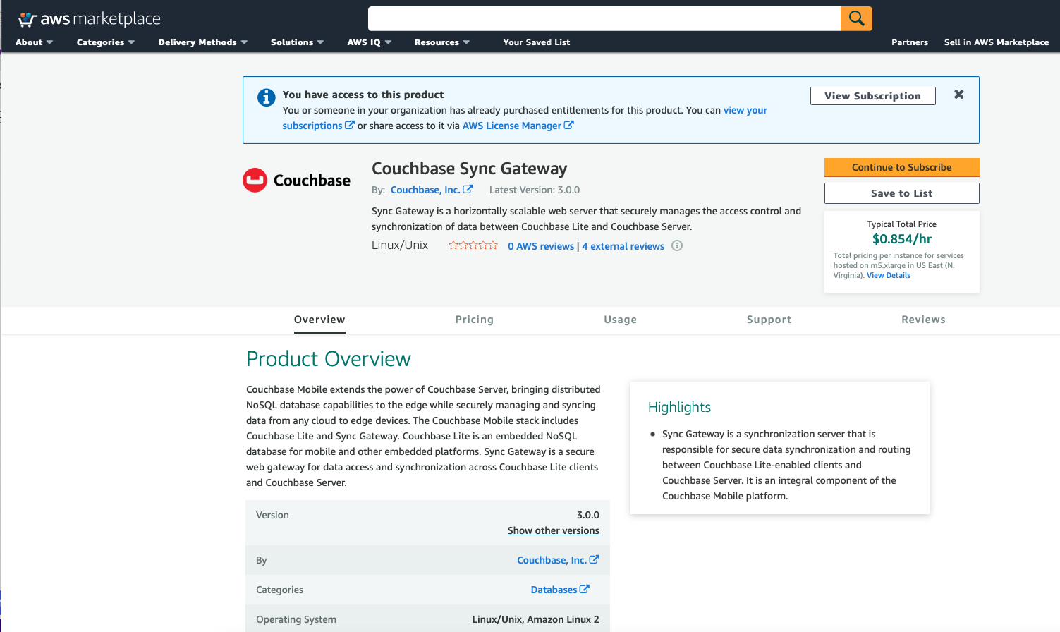 aws marketplace Sync Gateway Continue to Subscribe