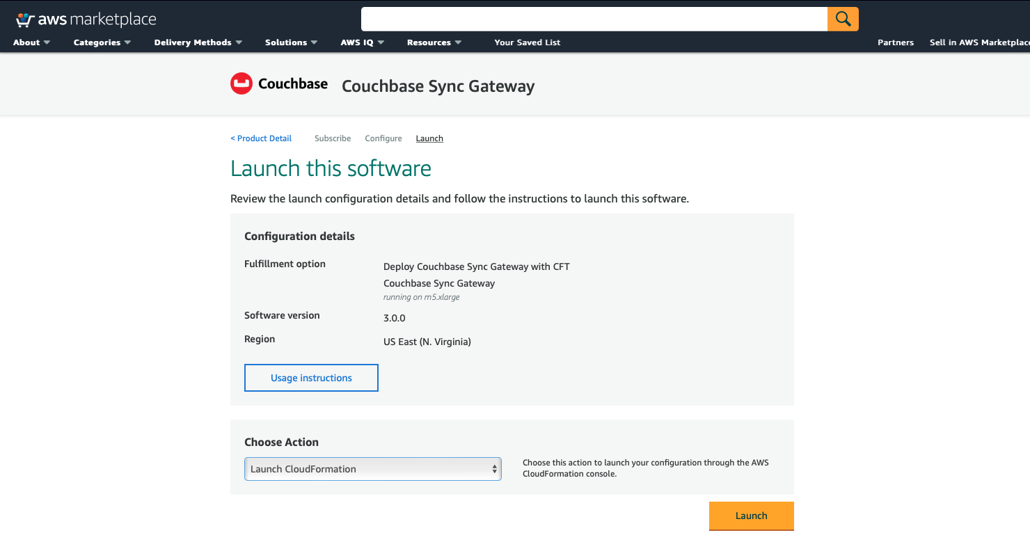 aws marketplace Sync Gateway Launch