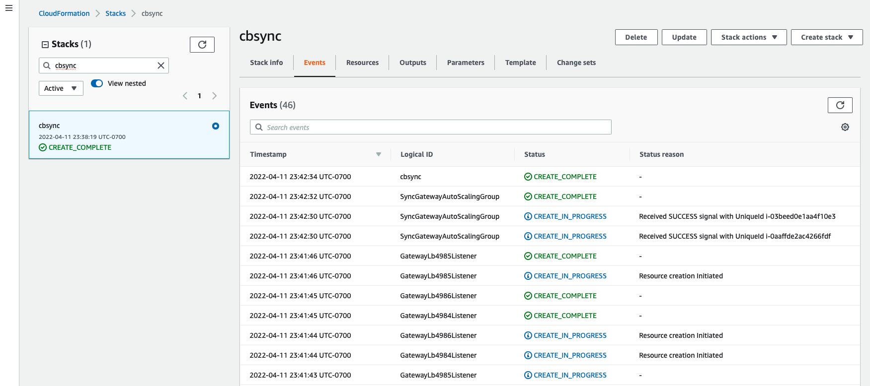 aws marketplace Sync Gateway create stack complete