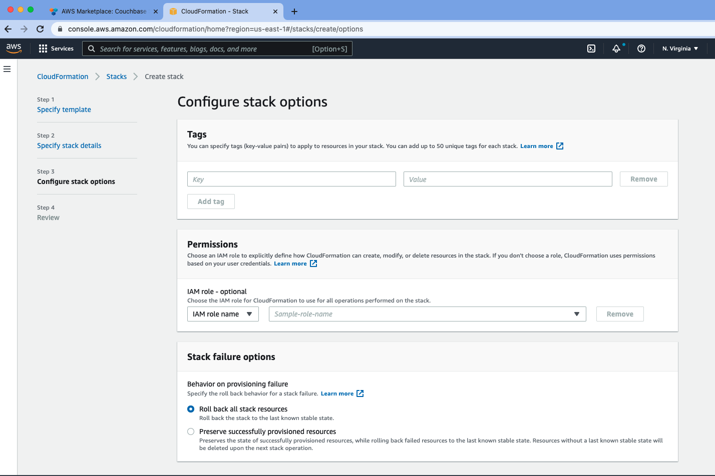 aws marketplace couchbase ee create stack options