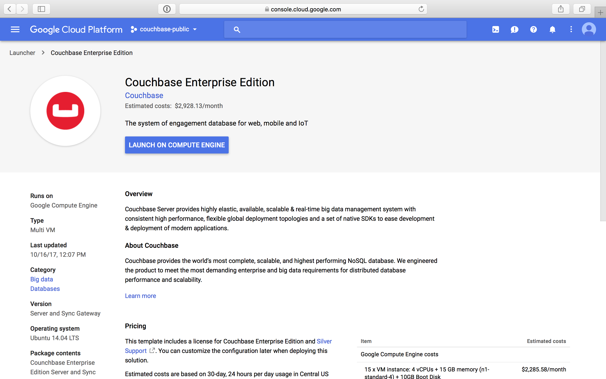 gcp cloud launcher couchbase enterprise
