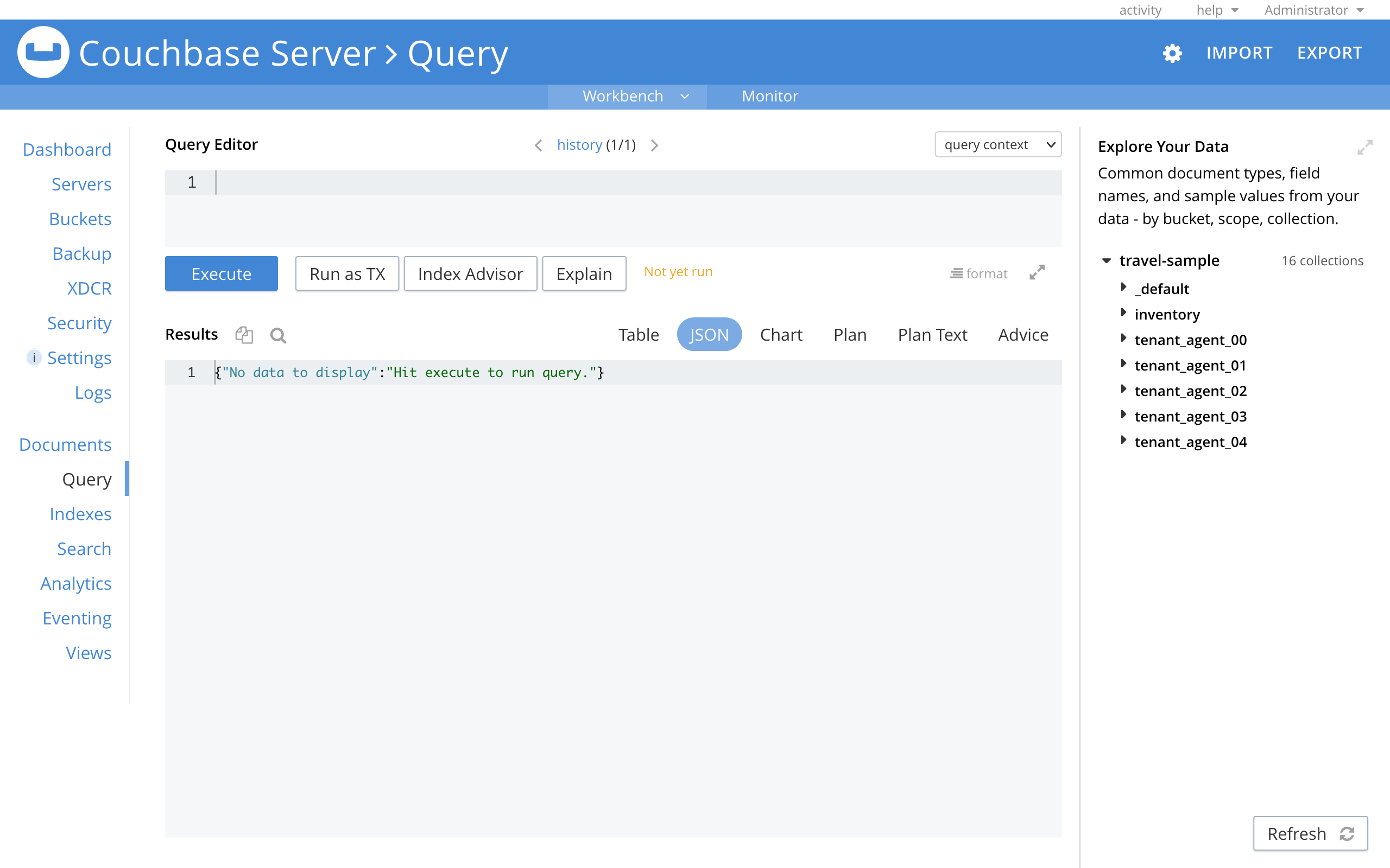 The Query Workbench with no query or results