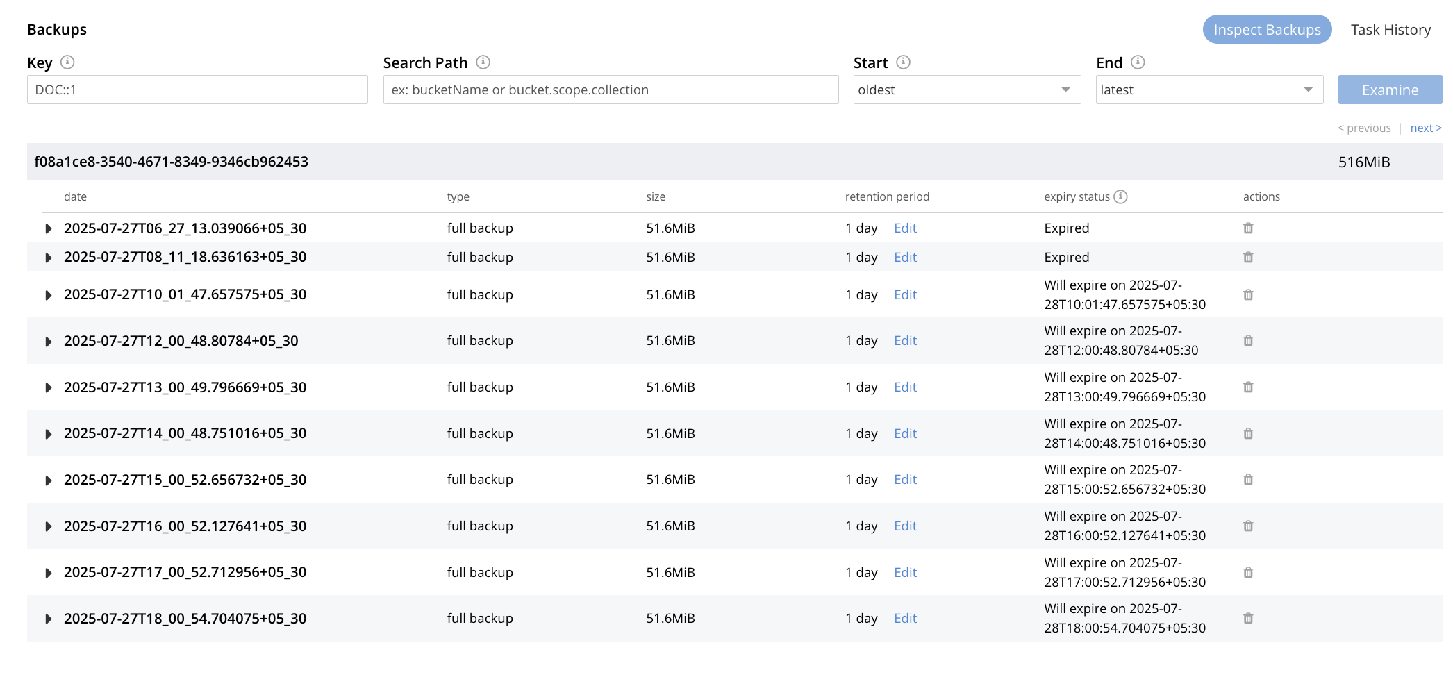 backups listed for deletion
