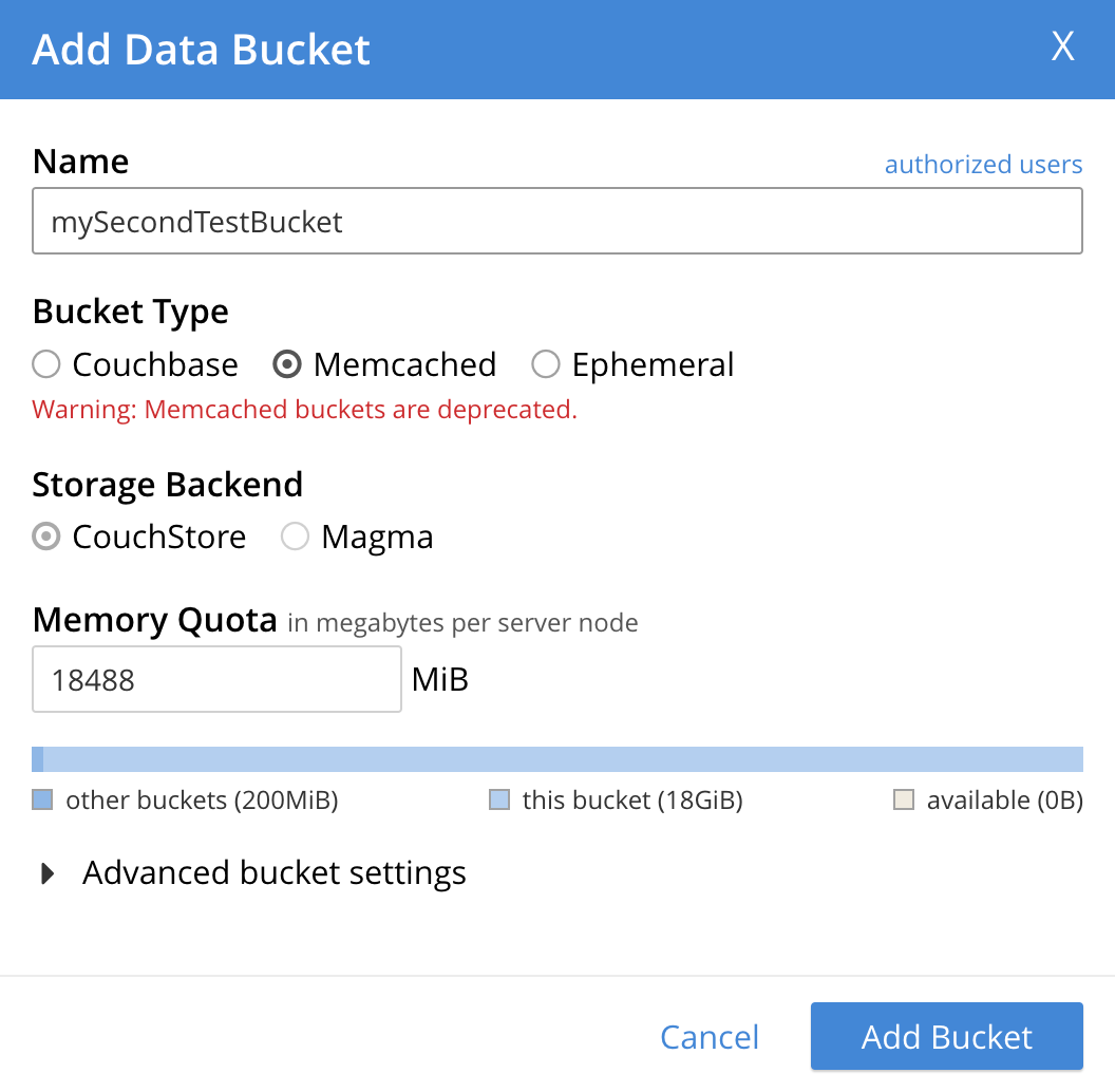 An image that displays the Add Data Bucket dialog. The Memcached Bucket Type and CouchStore Storage Backend are selected. The bucket Name has been set to mySecondTestBucket.