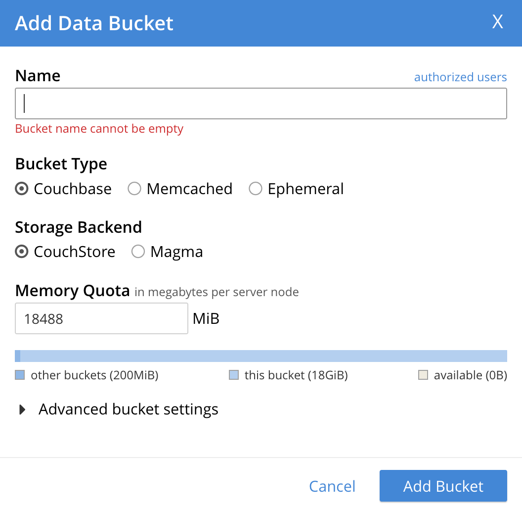 An image that displays the Add Data Bucket dialog. The Name field is empty. Bucket Type is set to Couchbase, and the Storage Backend is set to CouchStore. The Memory Quota is set to 18488MiB. The Advanced bucket settings are collapsed.