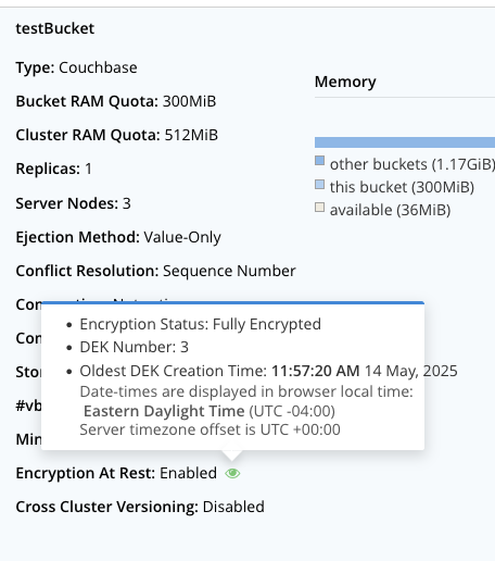 An image of a popup showing that the buceket is fully encrypted and details of the data encryption keys (DEKS)"