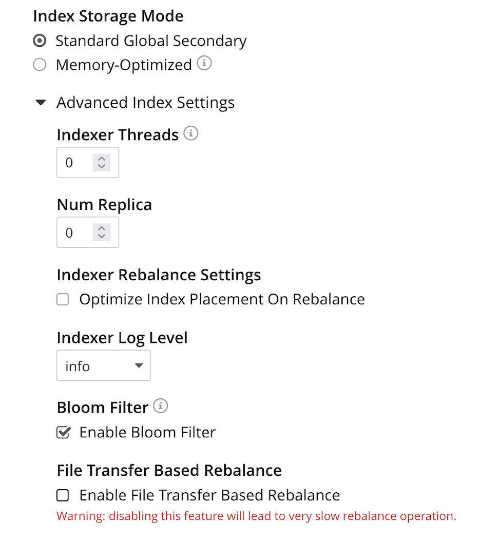 The Index Storage Mode panel