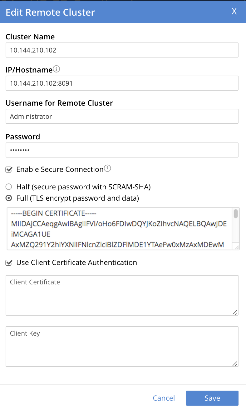 xdcr expanded client certificate authentication dialog