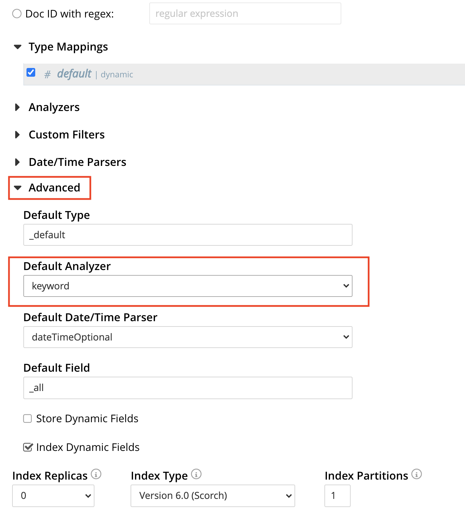 FTS Settings Advanced Panel with Default Analyzer set to keyword