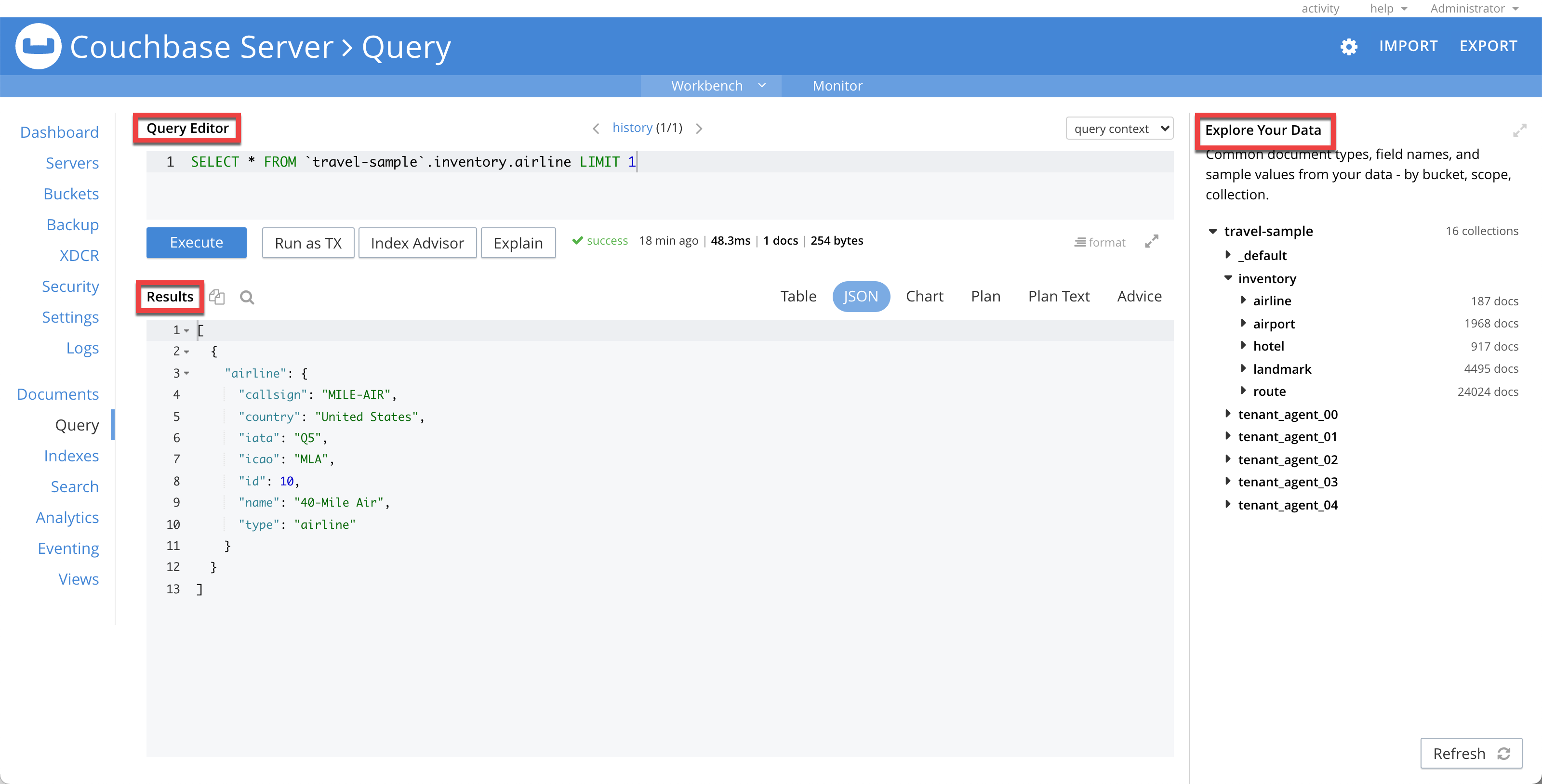 The Query Workbench with the Query Editor, Query Results, and Data Insights highlighted